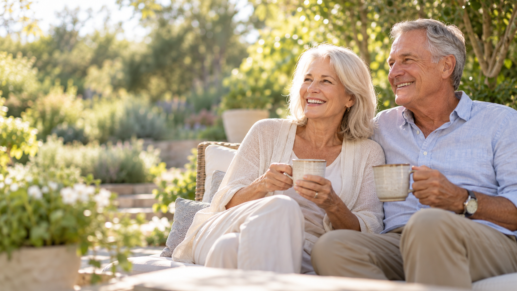AI-generated illustration of an older couple enjoying coffee together in a garden